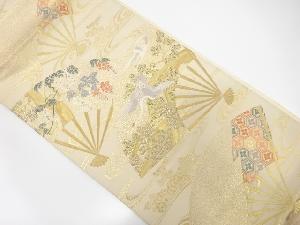 未使用品　流水に扇面・松鶴模様織出し袋帯（未仕立て）